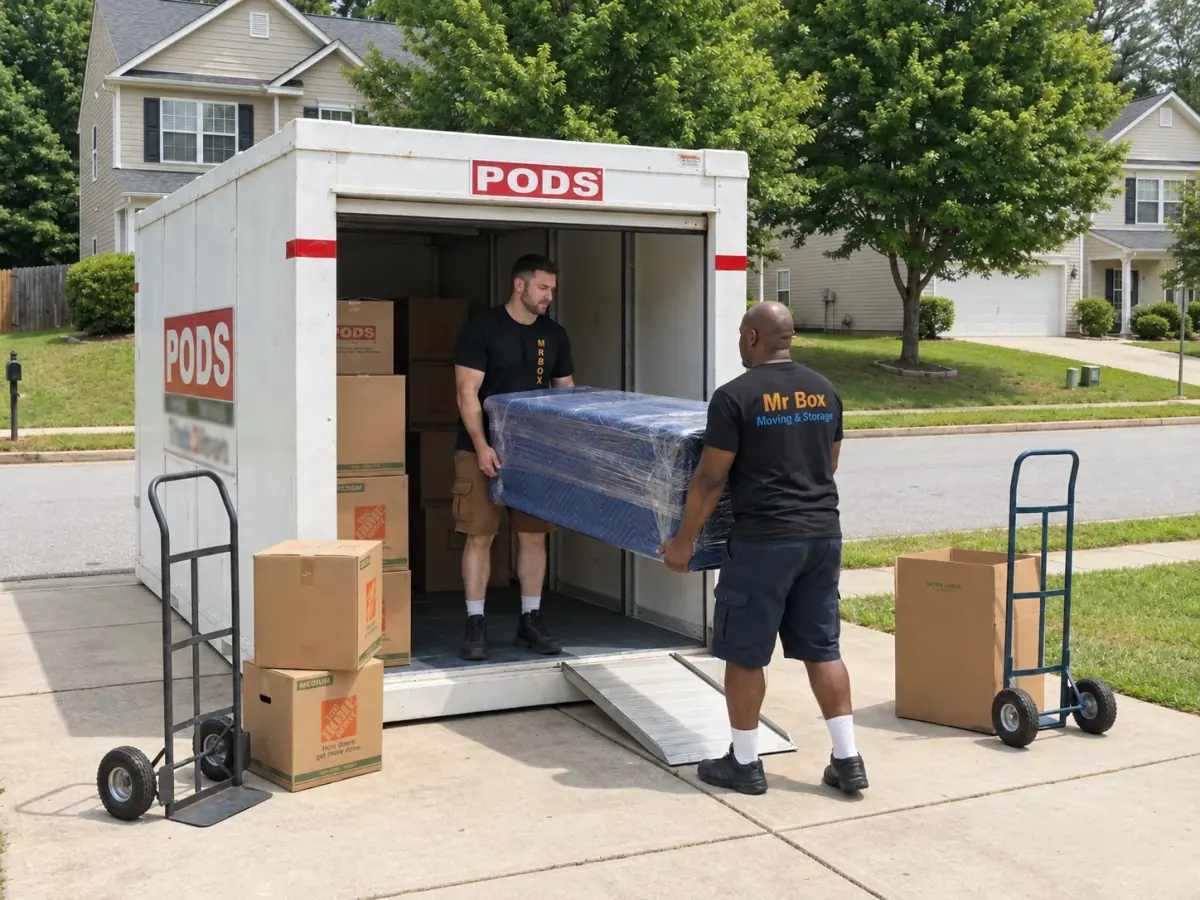 Mr. Box movers carrying wrapped furniture at a portable storage container